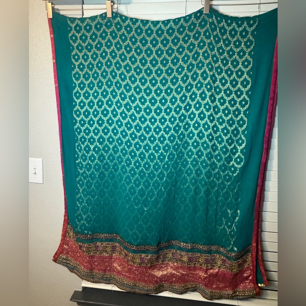 Indian Dupatta Teal Gold Pink Embroidered Zari Sheer Scarf Shawl Wrap - Picture 3 of 9